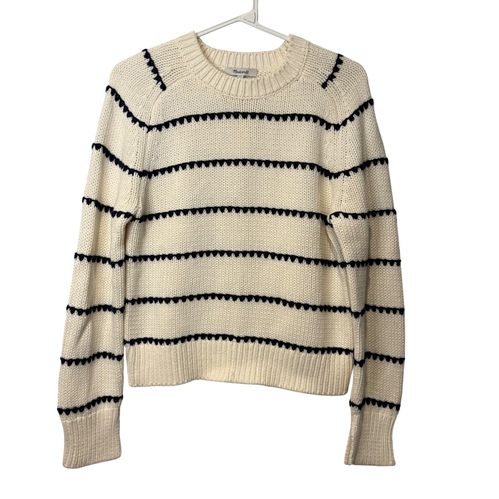 Madewell Sweater Women M Cream Navy Scalloped Stripe Cotton Shaker Knit